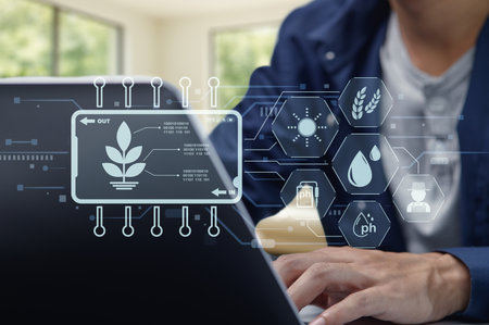 A close-up view of a researcher using a laptop with digital graphics. The image represents the integration of technology and innovation in modern agricultural practices.の写真素材