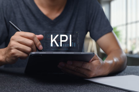 A person analyzes Key Performance Indicators on a digital tablet in a modern workspace, enhancing business strategy and data-driven decision-making with visuals.の写真素材