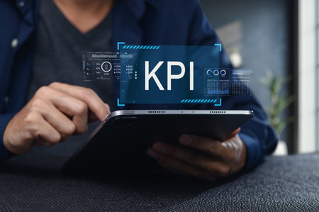 A professional analyzes key performance indicators (KPI) using a tablet, showcasing digital data visualization. Perfect for business, analytics, and technology themes.の写真素材