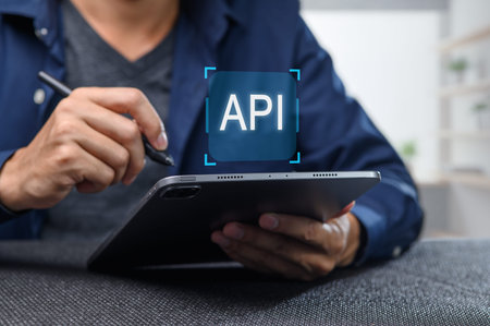 A developer uses a tablet to create and manage an application programming interface. The scene...