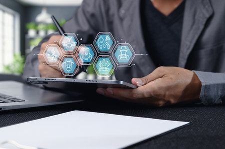 A close-up of a professional integrating technology with sustainability practices, showcasing innovative digital solutions for a better future.の写真素材