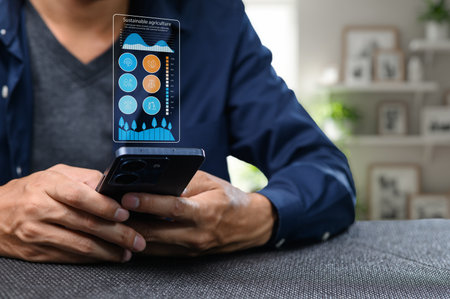 A person using a smartphone displays innovative technology for sustainable agriculture. The image highlights eco-friendly practices, data analytics, and modern farming techniques.の写真素材