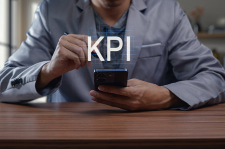 A business professional analyzes key performance indicators on a smartphone while focusing on achieving goals and improving workplace efficiency through data-driven insights.の写真素材