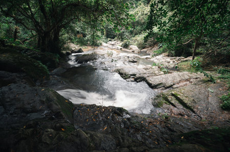 Explore a serene waterfall scene in northern Thailand showcasing flowing water amidst lush greenery...