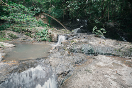 Experience the serene beauty of a waterfall cascading over rocky terrain in a lush forest. Perfect...
