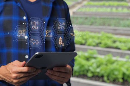 Discover how innovative technology enhances sustainability in agriculture, showcasing the integration of digital tools for efficient farming practices and crop management.の写真素材