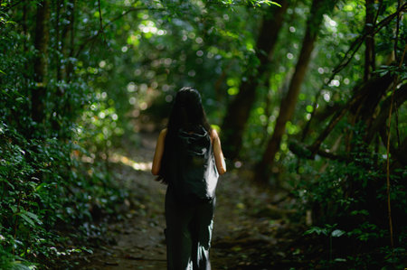 A woman walks along a serene forest trail surrounded by lush greenery, embodying adventure and tranquility while exploring nature's beauty on her journey.の写真素材