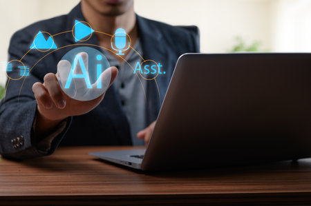 A virtual AI assistant concept illustrated on a laptop screen, showcasing technology for smart businesses and emphasizing interaction, automation, and innovation features.の写真素材