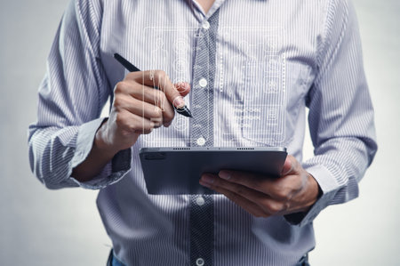 A business professional in a striped shirt engages with a tablet, illustrating health care solutions...