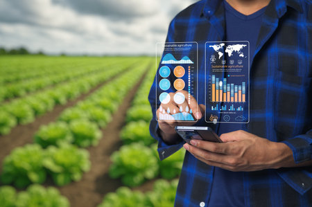 A farmer using innovative technology to promote sustainable agriculture practices in a lush field, showcasing data analytics for crop improvement.の写真素材