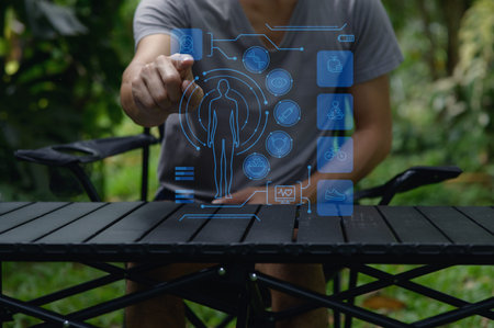 A man interacts with digital health technology outdoors, showcasing innovative solutions for...