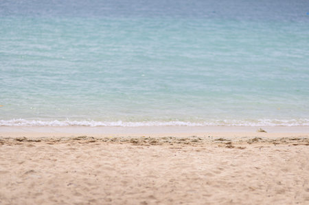 A peaceful beach scene featuring soft sandy shores and gentle ocean waves. This serene landscape...