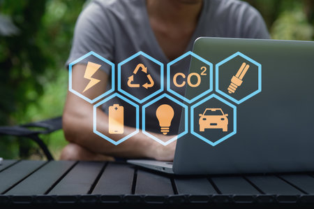 Explore the intersection of technology and sustainability with this visual representation of eco-friendly solutions, showcasing innovative icons for a greener future.の写真素材