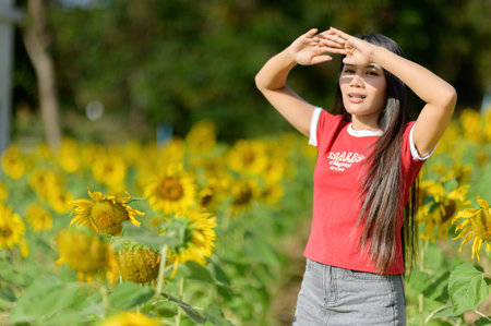 A joyful young woman poses in a vibrant sunflower field, basking in warm sunlight, capturing the essence of summer and the beauty of nature.の写真素材