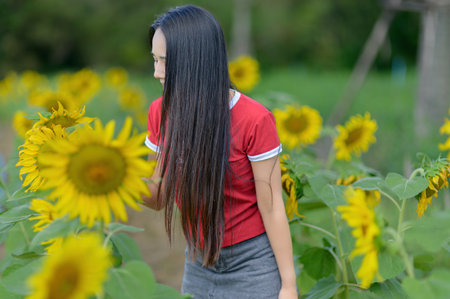A young woman stands amidst blooming sunflowers, enjoying a peaceful moment in nature. The vibrant yellow flowers add to the serene and joyful atmosphere.の写真素材