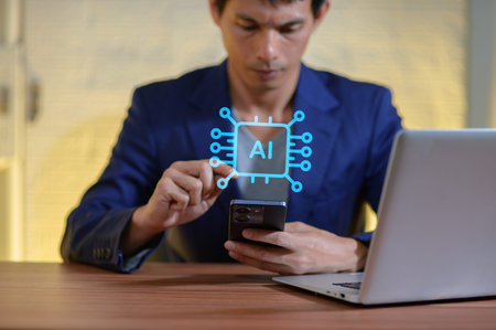A man in a professional outfit interacts with his smartphone, emphasizing AI technology in a modern...