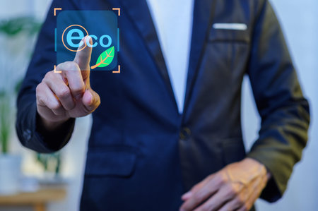A businessman interacts with a digital interface to select eco-friendly concepts, showcasing...