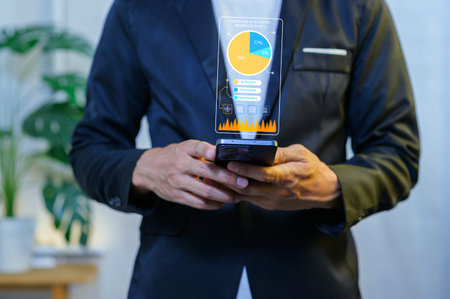 A professional examining sustainable data analysis on a smartphone, showcasing modern technology's...