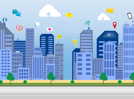 Flat Design Social Media Communication Network Town during Quarantineのイラスト素材