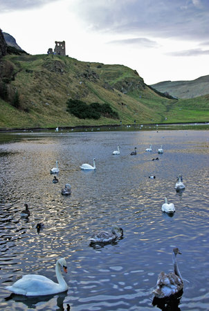 Ruins of St Anthony Chapel and St Margaret Loch in Holyrood Park, Edinburgh, Scotland