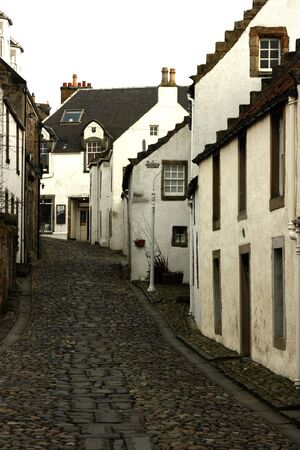 Cottages in cobbled alley at Culross, Fife, Scotlandの写真素材