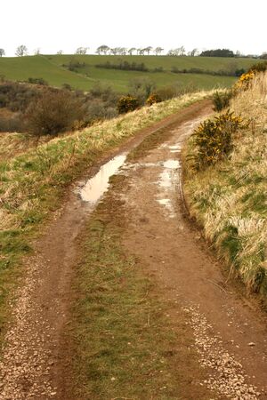 A country trail with rolling hills in the backgroundの写真素材