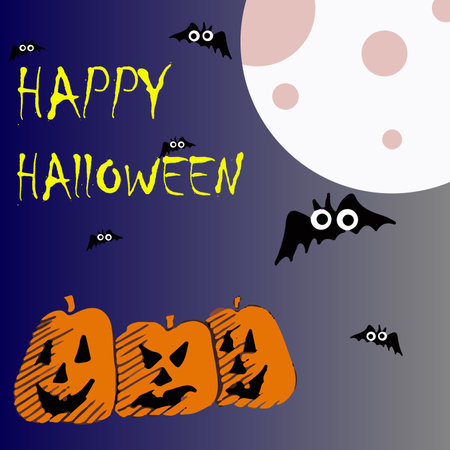 Halloween pumpkins and bat on blue Moon background, illustration vector of halloween background. happy halloweenのイラスト素材