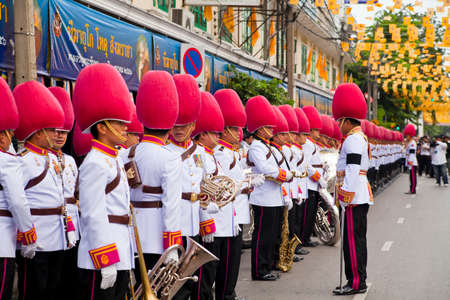 Bangkok, Thailand - October 25, 2013 : Thai guardsman band marching on the King of Thai monk, patriarch's funeral day on October 25, 2013  in Bangkok, Thailand   のeditorial素材