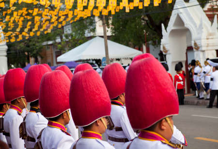 Bangkok, Thailand - October 25, 2013 : Thai guardsman band marching on the King of Thai monk, patriarch's funeral day on October 25, 2013  in Bangkok, Thailand のeditorial素材