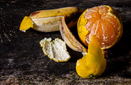 Fine art still life with fruit,  orange and bananaの写真素材