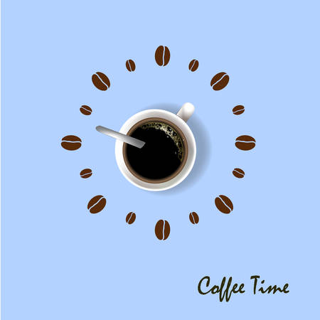 Wall clock coffee cup and coffee beans on pastel background.のイラスト素材