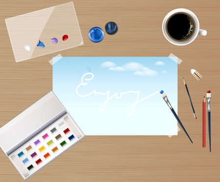 Top View Colors, Color palette, Paint Brush, Rubbers, Pencils Coffee cup on Wood background.のイラスト素材