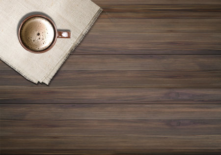 Top view coffee cup on vintage wooden table.