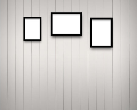 Set of black picture frames on white wooden wall. Vector illustration.