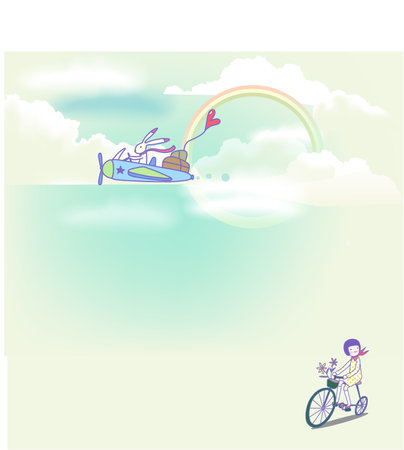 Vector illustration of a man riding a bicycle in the sky with a rainbowのイラスト素材