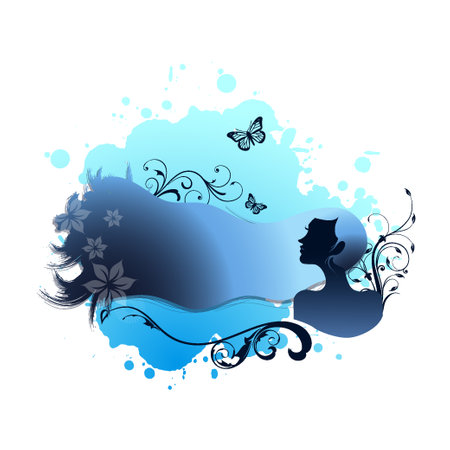 Beautiful woman silhouette with floral ornament and butterfly. Vector illustration.のイラスト素材