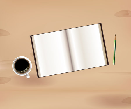 Blank book with coffee cup on wooden table. Vector illustration.のイラスト素材