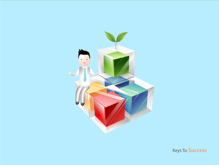 Businessman sitting on cube with green plant. Business concept. Vector illustration.のイラスト素材