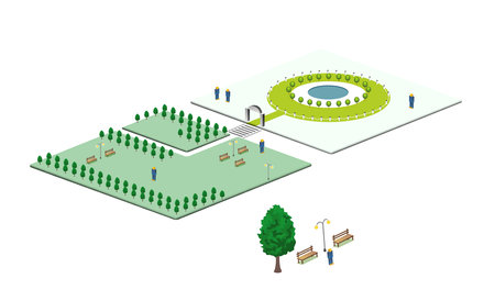 Isometric park with benches and trees. Vector illustration of park.のイラスト素材