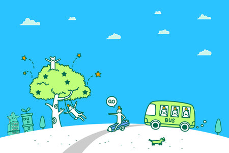 Illustration of people walking on the road with a bus in the backgroundのイラスト素材