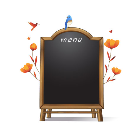 Wooden menu board with blue bird and flowers. Vector illustration.のイラスト素材