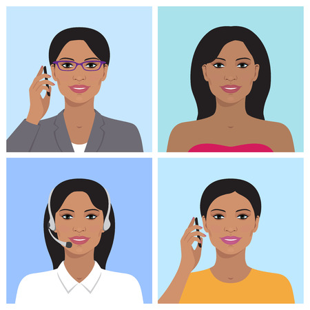 Vector avatar set. Business woman with glasses, talking on the mobile phone. Call-operator in headsets. Indian smiling girl talking on the telephone. Vector flat icons.のイラスト素材