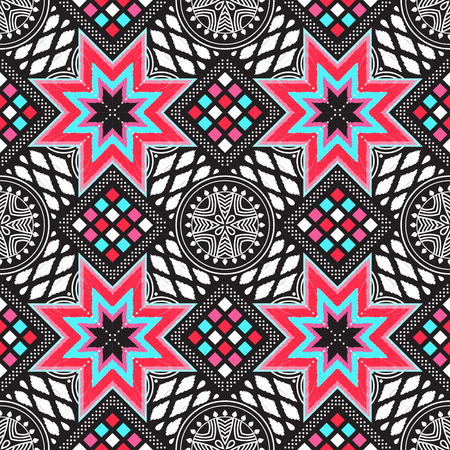 Creative fashion pattern with abstract knit snowflake, star. Bright and colorful seamless pattern for fashion clothes, modern textile, xmas wrapping paper, wallpaper, christmas backgrounds.のイラスト素材