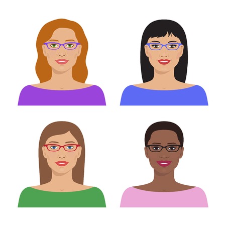 Vector avatar icon set. International portraits. Avatar of women's avatars. Women of different nation. Women, girls with glasses and various hairstyle. Vector flat illustration.のイラスト素材