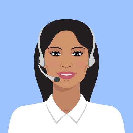 illustration of cheerful support phone or call-center operator in headsets. business flat illustration. Indian business woman. Avatar portrait of on line operator. Flat avatar.のイラスト素材