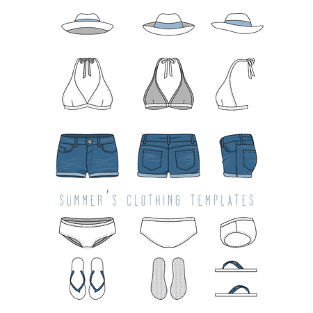 Vector illustration of female beach clothing set - bikini swimwear, jeans shorts, hat, footwear. Blank vector templates in front, back, side views. Isolated on white background.のイラスト素材