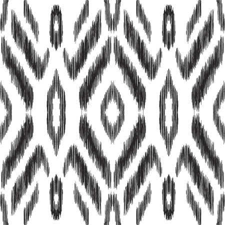 Abstract ethnic background. Black and white Ikat seamless pattern. A design may be used for fashion textile, fabric, wallpaper, card or wrapping paper. Vector illustration.のイラスト素材