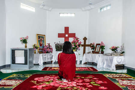 a prayer in the room, at the top of Naw Bu Baw mountain, Than Taung City, Kayin State, Myanmar, Dec-2017のeditorial素材