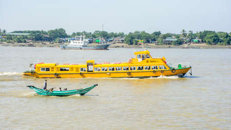 Yangon water bus, or water taxi in Hlaing river. Public transportation in Myanmar, Dec-2017のeditorial素材