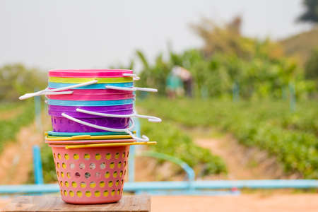Many color basket overlap on a chair.の写真素材